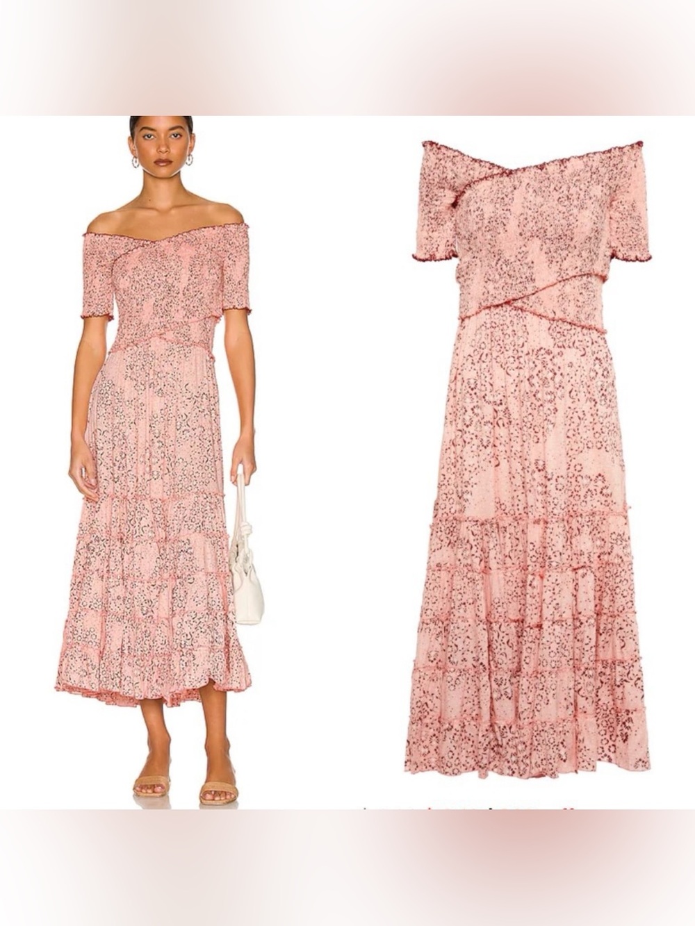 Poupette St. Barth Pink Floral One-Shoulder Tiered Maxi Dress M